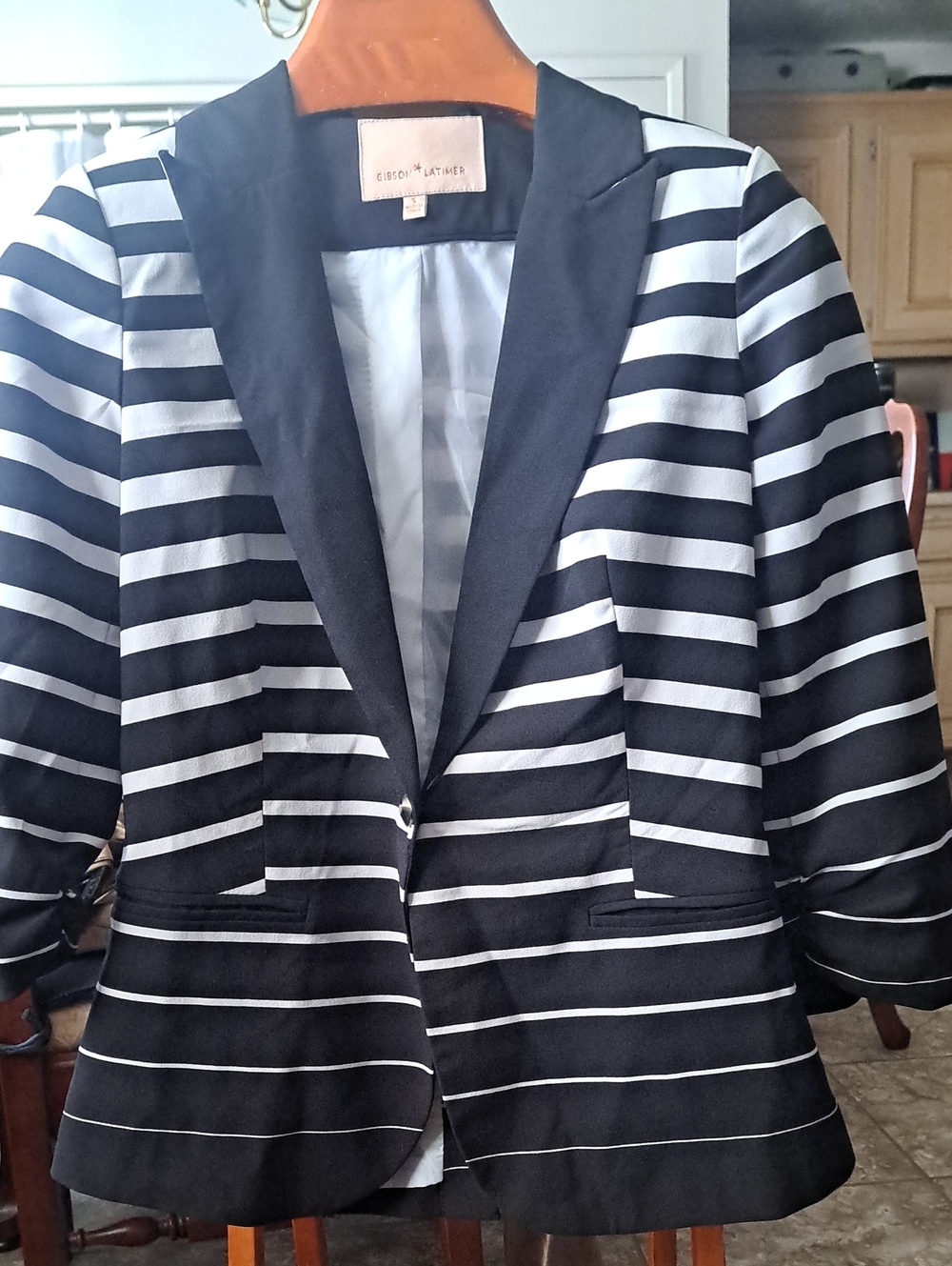 Gibson Latimer Black and White Striped Blazer with Contrast Lapel